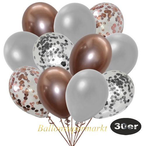 Partydeko Luftballon Set 30er, konfetti-luftballons-30-stueck-rosegold-konfetti-silber-konfetti-und-metallic-silber-chrome-rosegold-30-cm