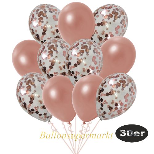 Partydeko Luftballon Set 30er, konfetti-luftballons-30-stueck-rosegold-konfetti-und-metallic-rosegold-30-cm