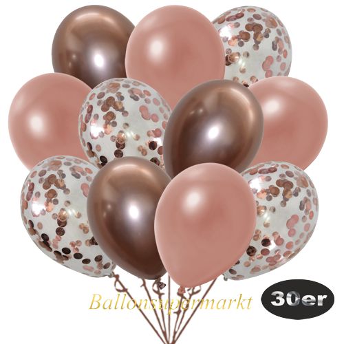 Partydeko Luftballon Set 30er, konfetti-luftballons-30-stueck-rosegold-konfetti-und-metallic-rosegold-chrome-rosegold-30-cm