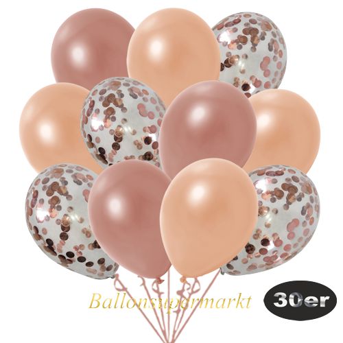 Partydeko Luftballon Set 30er, konfetti-luftballons-30-stueck-rosegold-konfetti-und-metallic-rosegold-metallic-lachs-30-cm