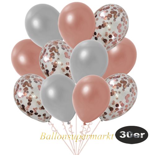 Partydeko Luftballon Set 30er, konfetti-luftballons-30-stueck-rosegold-konfetti-und-metallic-rosegold-metallic-silber-30-cm