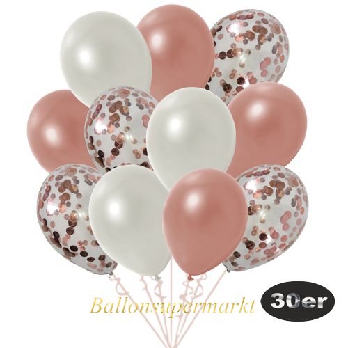 Partydeko Luftballon Set 30er, konfetti-luftballons-30-stueck-rosegold-konfetti-und-metallic-rosegold-metallic-weiss-30-cm