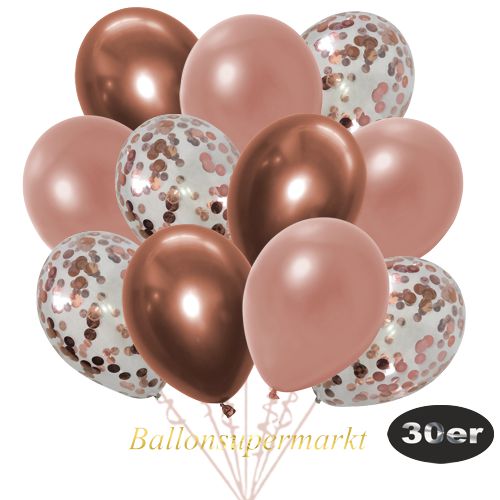Partydeko Luftballon Set 30er, konfetti-luftballons-30-stueck-rosegold-konfetti-und-metallic-rosegold-chrome-kupfer-30-cm