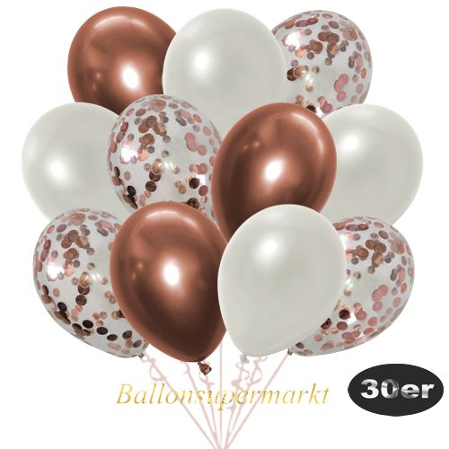 Partydeko Luftballon Set 30er, konfetti-luftballons-30-stueck-rosegold-konfetti-und-metallic-weiss-chrome-kupfer-30-cm