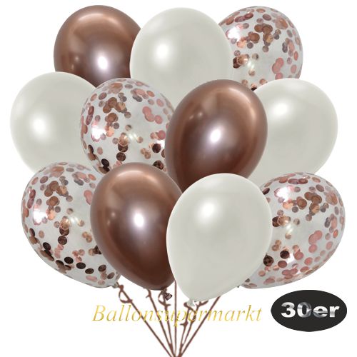 Partydeko Luftballon Set 30er, konfetti-luftballons-30-stueck-rosegold-konfetti-und-metallic-weiss-chrome-rosegold-30-cm