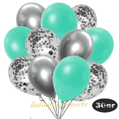 Partydeko Luftballon Set 30er, konfetti-luftballons-30-stueck-silber-konfetti-und-metallic-aquamarin-chrome-silber-30-cm