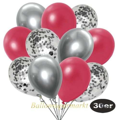Partydeko Luftballon Set 30er, konfetti-luftballons-30-stueck-silber-konfetti-und-metallic-burgund-chrome-silber-30-cm