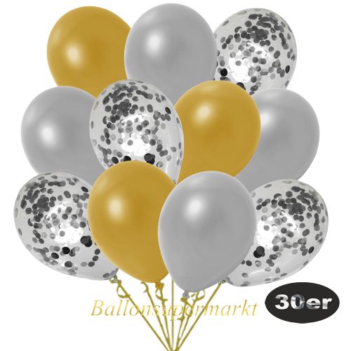 Partydeko Luftballon Set 30er, konfetti-luftballons-30-stueck-silber-konfetti-und-metallic-gold-metallic-silber-30-cm