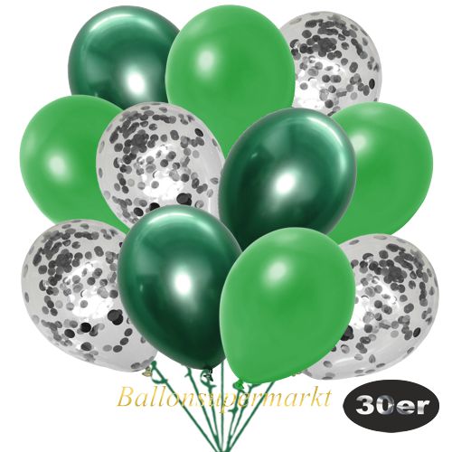 Partydeko Luftballon Set 30er, konfetti-luftballons-30-stueck-silber-konfetti-und-metallic-gruen-chrome-gruen-30-cm