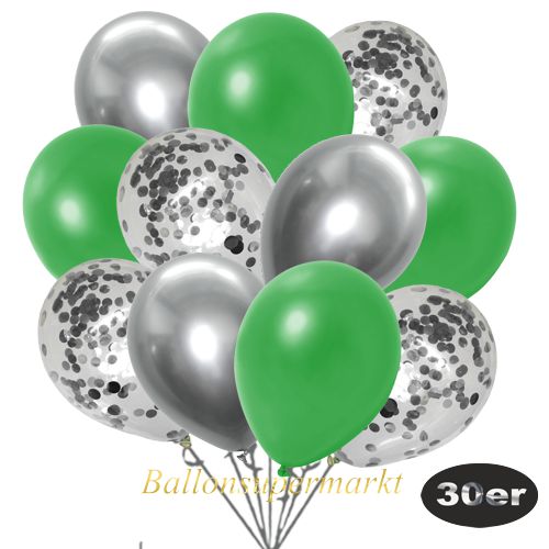 Partydeko Luftballon Set 30er, konfetti-luftballons-30-stueck-silber-konfetti-und-metallic-gruen-chrome-silber-30-cm