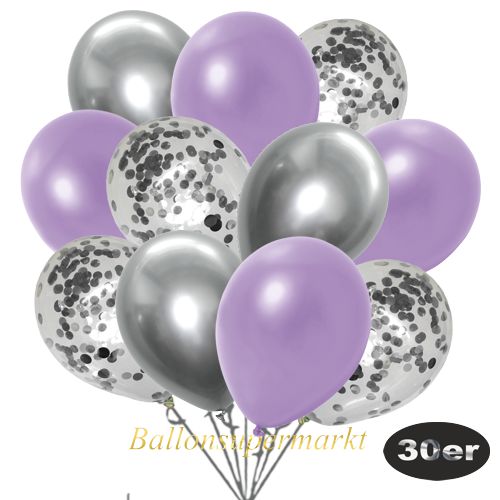 Partydeko Luftballon Set 30er, konfetti-luftballons-30-stueck-silber-konfetti-und-metallic-lila-chrome-silber-30-cm