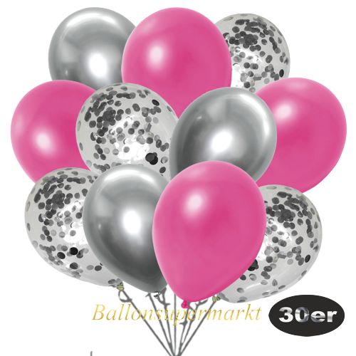 Partydeko Luftballon Set 30er, konfetti-luftballons-30-stueck-silber-konfetti-und-metallic-pink-chrome-silber-30-cm