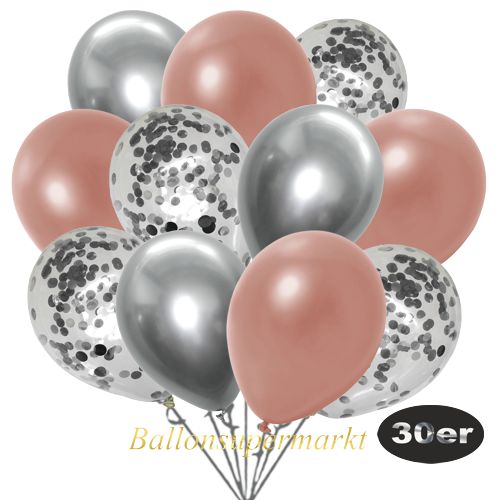 Partydeko Luftballon Set 30er, konfetti-luftballons-30-stueck-silber-konfetti-und-metallic-rosegold-chrome-silber-30-cm