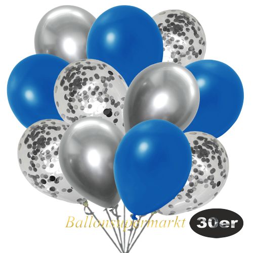 Partydeko Luftballon Set 30er, konfetti-luftballons-30-stueck-silber-konfetti-und-metallic-royalblau-chrome-silber-30-cm