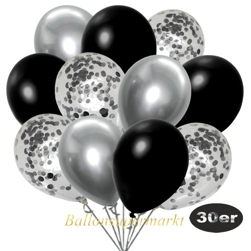 Partydeko Luftballon Set 30er, konfetti-luftballons-30-stueck-silber-konfetti-und-metallic-schwarz-chrome-silber-30-cm
