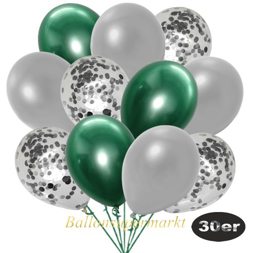 Partydeko Luftballon Set 30er, konfetti-luftballons-30-stueck-silber-konfetti-und-metallic-silber-chrome-gruen-30-cm