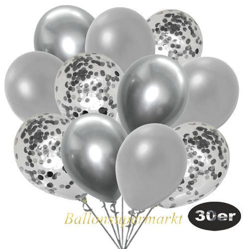 Partydeko Luftballon Set 30er, konfetti-luftballons-30-stueck-silber-konfetti-und-metallic-silber-chrome-silber-30-cm