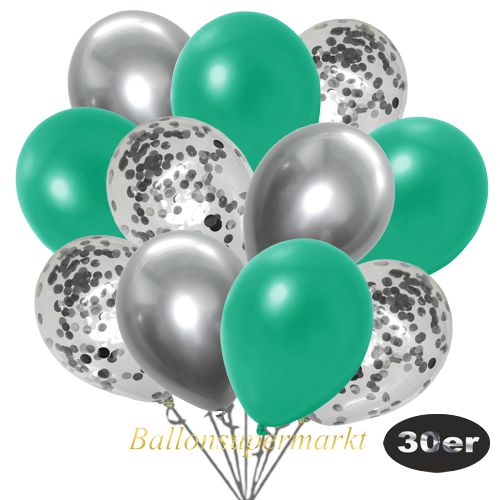 Partydeko Luftballon Set 30er, konfetti-luftballons-30-stueck-silber-konfetti-und-metallic-tuerkisgruen-chrome-silber-30-cm