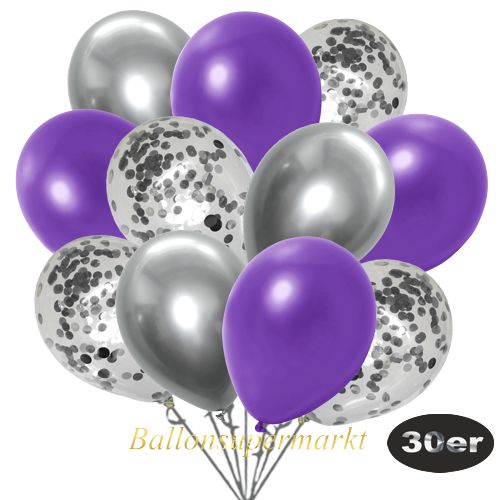 Partydeko Luftballon Set 30er, konfetti-luftballons-30-stueck-silber-konfetti-und-metallic-violett-chrome-silber-30-cm