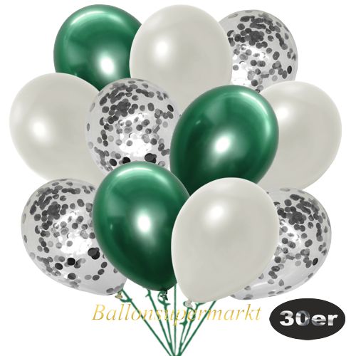 Partydeko Luftballon Set 30er, konfetti-luftballons-30-stueck-silber-konfetti-und-metallic-weiss-chrome-gruen-30-cm