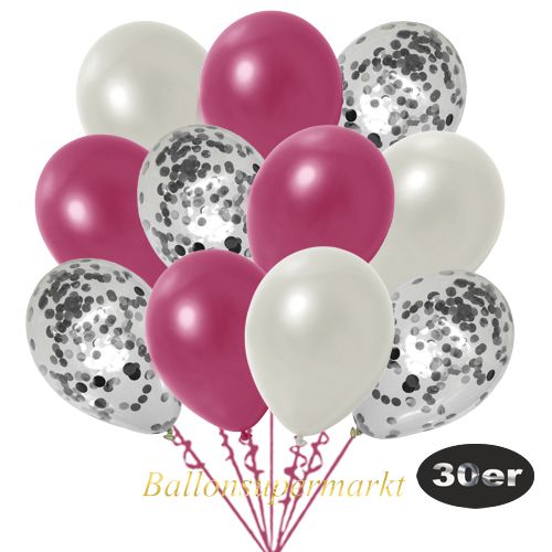 Partydeko Luftballon Set 30er, konfetti-luftballons-30-stueck-silber-konfetti-und-metallic-burgund-metallic-weiss-30-cm