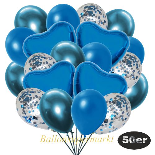 Partydeko Luftballon Set 50er, konfetti-luftballons-50-stueck-hellblau-konfetti-und-metallic-blau-chrome-blau-30-cm-folienballons-blau-45-cm