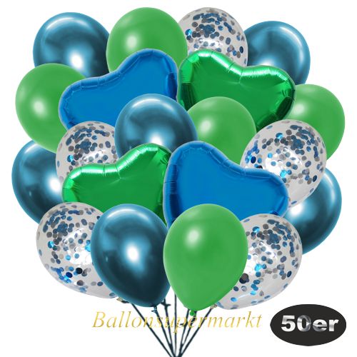 Partydeko Luftballon Set 50er, konfetti-luftballons-50-stueck-hellblau-konfetti-und-metallic-gruen-chrome-blau-30-cm-folienballons-blau-und-gruen-45-cm