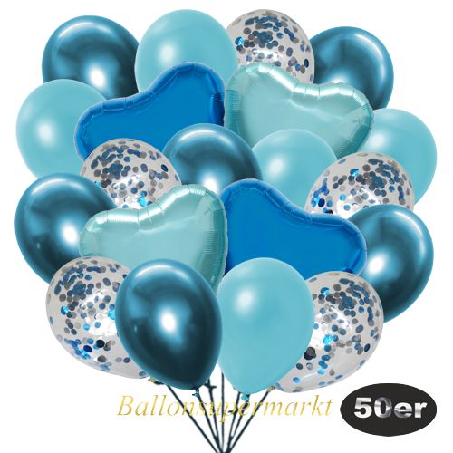 Partydeko Luftballon Set 50er, konfetti-luftballons-50-stueck-hellblau-konfetti-und-metallic-hellblau-chrome-blau-30-cm-folienballons-blau-und-light-blue-45-cm