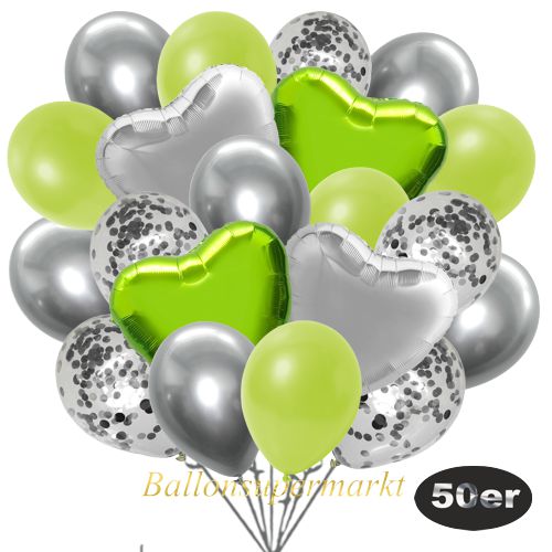 Partydeko Luftballon Set 50er, konfetti-luftballons-50-stueck-silber-konfetti-und-metallic-apfelgruen-chrome-silber-30-cm-folienballons-limonengruen-und-silber-45-cm