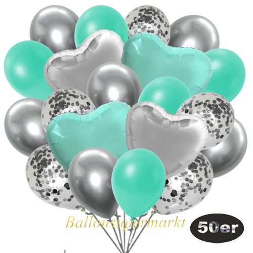 Partydeko Luftballon Set 50er, konfetti-luftballons-50-stueck-silber-konfetti-und-metallic-aquamarin-chrome-silber-30-cm-folienballons-tuerkis-und-silber-45-cm