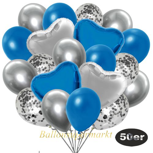 Partydeko Luftballon Set 50er, konfetti-luftballons-50-stueck-silber-konfetti-und-metallic-blau-chrome-silber-30-cm-folienballons-blau-und-silber-45-cm