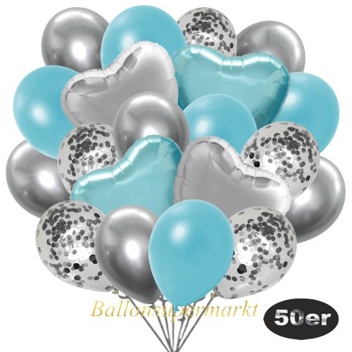 Partydeko Luftballon Set 50er, konfetti-luftballons-50-stueck-silber-konfetti-und-metallic-hellblau-chrome-silber-30-cm-folienballons-light-blue-und-silber-45-cm