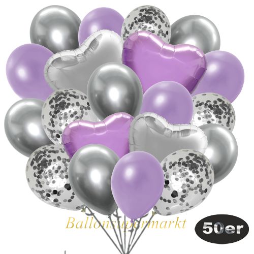 Partydeko Luftballon Set 50er, konfetti-luftballons-50-stueck-silber-konfetti-und-metallic-lila-chrome-silber-30-cm-folienballons-flieder-und-silber-45-cm