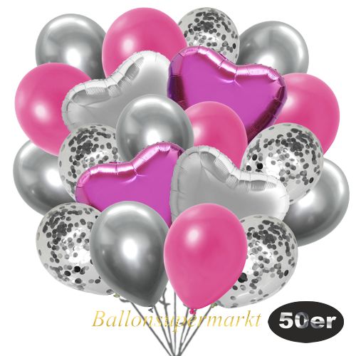 Partydeko Luftballon Set 50er, konfetti-luftballons-50-stueck-silber-konfetti-und-metallic-pink-chrome-silber-30-cm-folienballons-pink-und-silber-45-cm