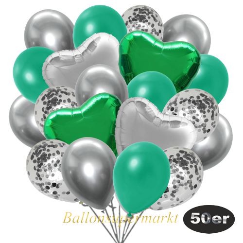 Partydeko Luftballon Set 50er, konfetti-luftballons-50-stueck-silber-konfetti-und-metallic-tuerkisgruen-chrome-silber-30-cm-folienballons-gruen-und-silber-45-cm