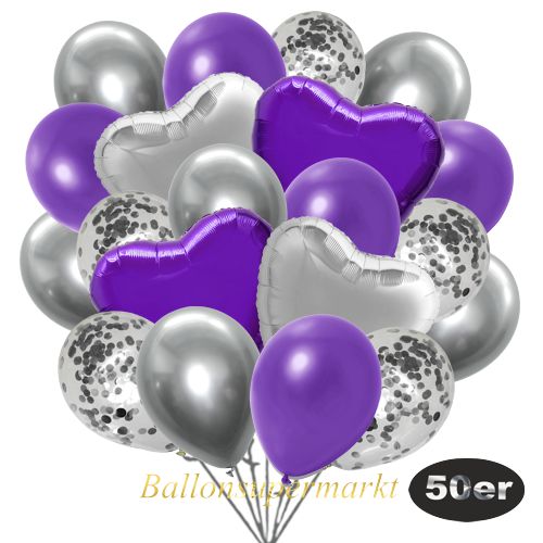 Partydeko Luftballon Set 50er, konfetti-luftballons-50-stueck-silber-konfetti-und-metallic-violett-chrome-silber-30-cm-folienballons-lila-und-silber-45-cm