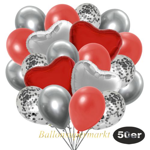 Partydeko Luftballon Set 50er, konfetti-luftballons-50-stueck-silber-konfetti-und-metallic-warmrot-chrome-silber-30-cm-folienballons-rot-und-silber-45-cm