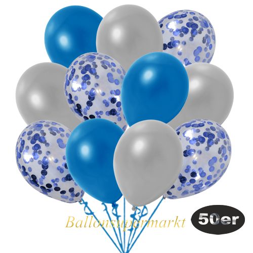 Partydeko Luftballon Set 50er, konfetti-luftballons-50-stueck-blau-konfetti-und-metallic-blau-metallic-silber-30-cm