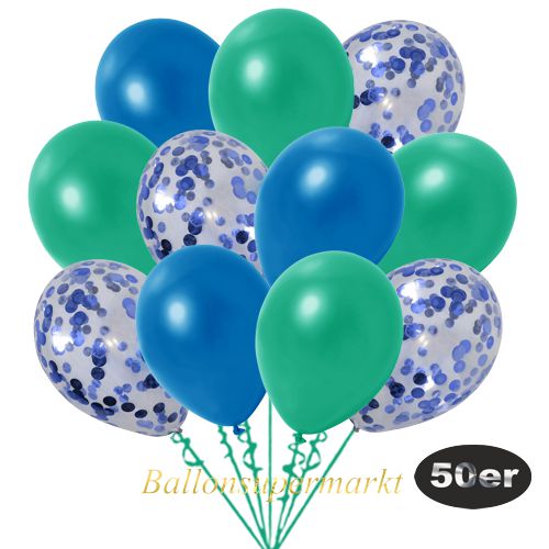 Partydeko Luftballon Set 50er, konfetti-luftballons-50-stueck-blau-konfetti-und-metallic-blau-metallic-tuerkisgruen-30-cm