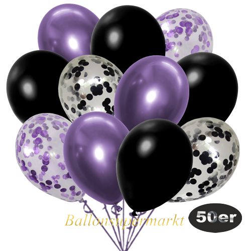 Partydeko Luftballon Set 50er, konfetti-luftballons-50-stueck-schwarz-konfetti-flieder-konfetti-und-metallic-schwarz-chrome-lila-30-cm