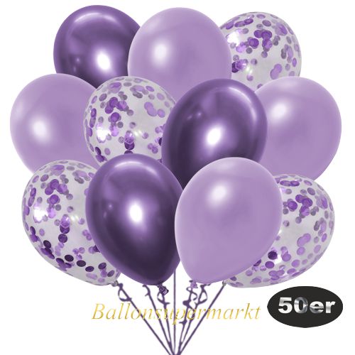 Partydeko Luftballon Set 50er, konfetti-luftballons-50-stueck-flieder-konfetti-und-metallic-lila-chrome-lila-30-cm