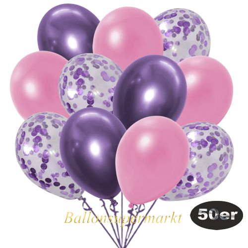 Partydeko Luftballon Set 50er, konfetti-luftballons-50-stueck-flieder-konfetti-und-metallic-rose-chrome-lila-30-cm