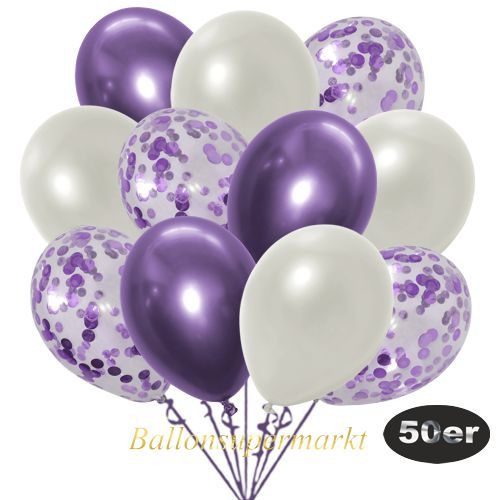 Partydeko Luftballon Set 50er, konfetti-luftballons-50-stueck-flieder-konfetti-und-metallic-weiss-chrome-lila-30-cm