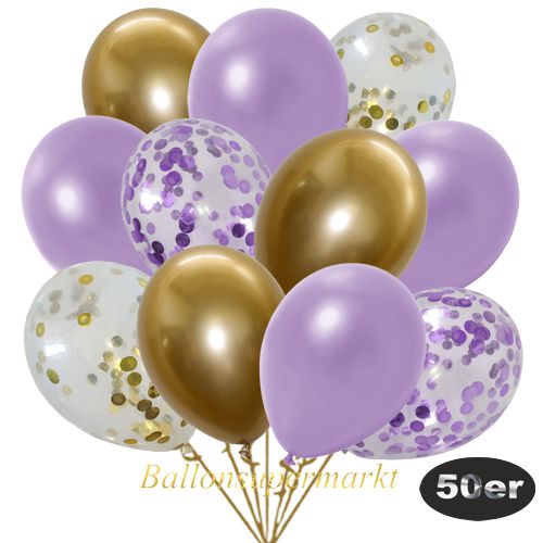 Partydeko Luftballon Set 50er, konfetti-luftballons-30-stueck-gold-konfetti-flieder-konfetti-und-metallic-lila-chrome-gold-30-cm