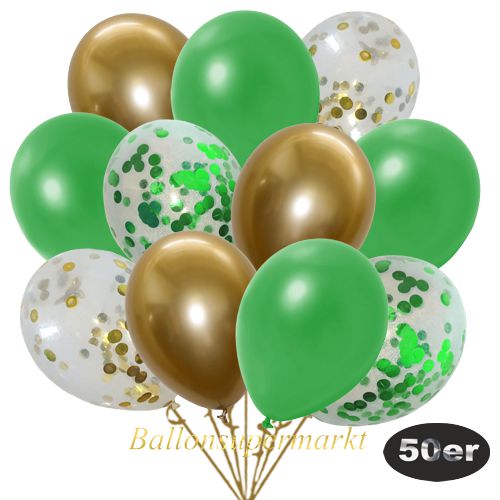 Partydeko Luftballon Set 50er, konfetti-luftballons-50-stueck-gold-konfetti-gruen-konfetti-und-metallic-gruen-chrome-gold-30-cm