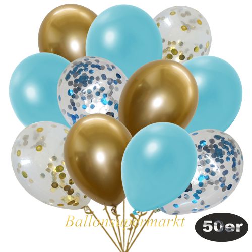 Partydeko Luftballon Set 50er, konfetti-luftballons-50-stueck-gold-konfetti-hellblau-konfetti-und-metallic-hellblau-chrome-gold-30-cm