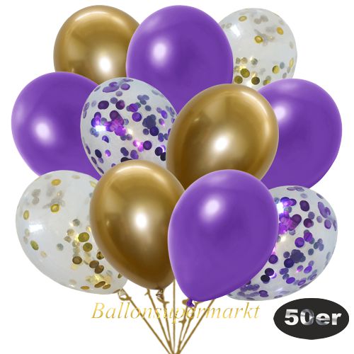Partydeko Luftballon Set 50er, konfetti-luftballons-50-stueck-gold-konfetti-lila-konfetti-und-metallic-violett-chrome-gold-30-cm