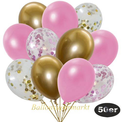 Partydeko Luftballon Set 50er, konfetti-luftballons-50-stueck-gold-konfetti-rosa-konfetti-und-metallic-rose-chrome-gold-30-cm