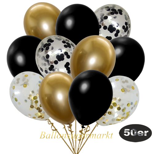 Partydeko Luftballon Set 50er, konfetti-luftballons-50-stueck-gold-konfetti-schwarz-konfetti-und-metallic-schwarz-chrome-gold-30-cm