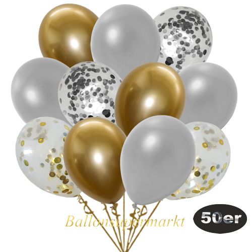 Partydeko Luftballon Set 50er, konfetti-luftballons-50-stueck-gold-konfetti-silber-konfetti-und-metallic-silber-chrome-gold-30-cm